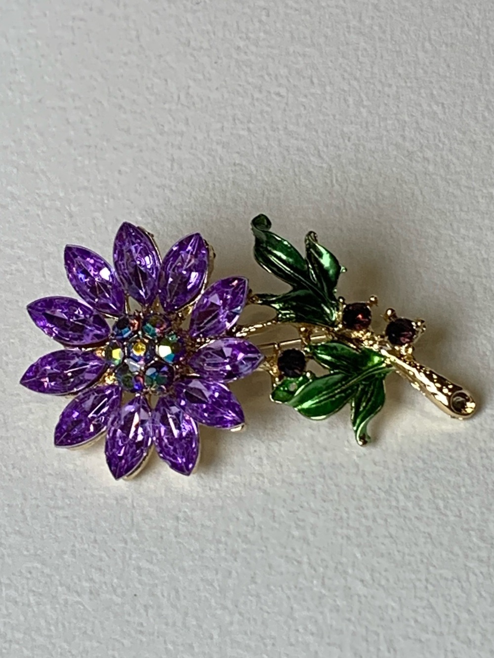 Rhinestone Flower Brooch Purple Amethyst Gold Tone